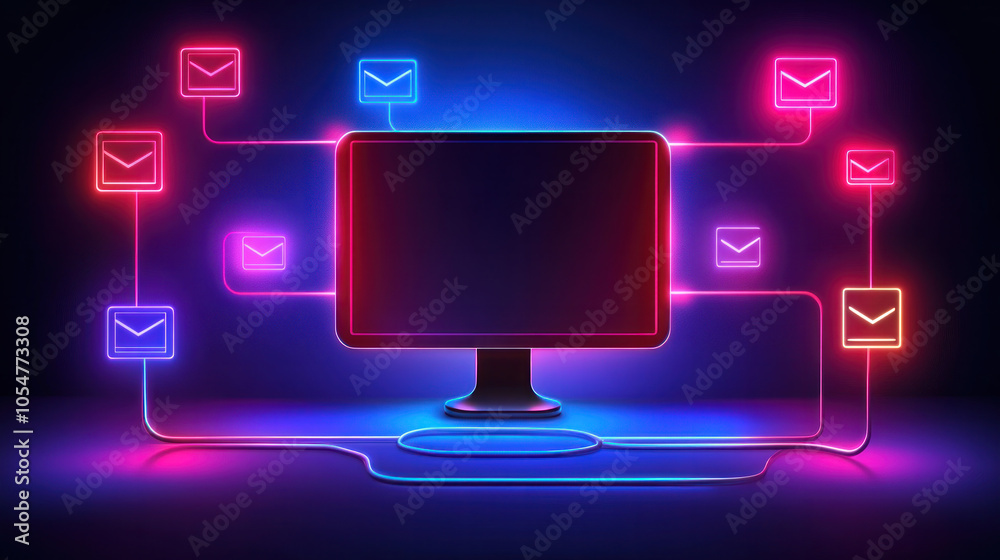 Poster a computer monitor with a glowing display of emails. the display is colorful and has a futuristic fe
