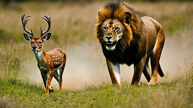 A lion chases a deer across a grassy field, capturing the essence of the wild.