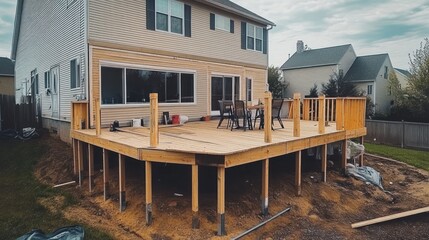 New wooden deck under construction at a residential home, showcasing outdoor living space.