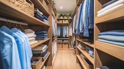 Walk-in closet with shelves full of clothes. This image is great for showcasing organization tips, home decor, and interior design.
