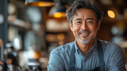 Fototapeta premium Middle-aged Asian man enjoying a cup of coffee at a cozy cafe during a relaxing afternoon