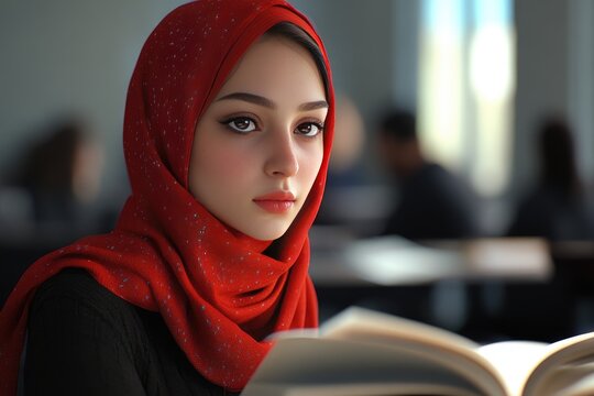 Young woman in red hijab reading. This image showcases the beauty and grace of a young Muslim woman engrossed in a book.