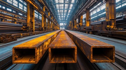 Fototapeta premium Industrial scene featuring large steel beams in a factory setting.