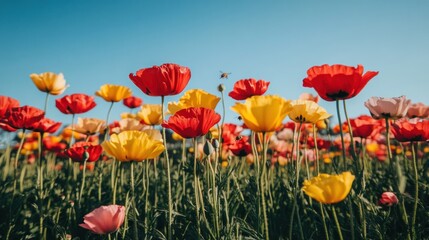 Fototapeta premium A field of red, yellow, and pink poppies bloom in a vibrant field of green.