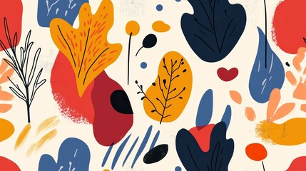 Abstract Seamless Background with Colorful Organic Shapes and Botanical Elements in Modern Design