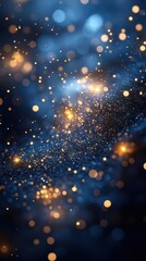 dark blue background adorned with golden particles that create a magical christmas atmosphere with bokeh effects and shining lights evoking holiday cheer and warmth