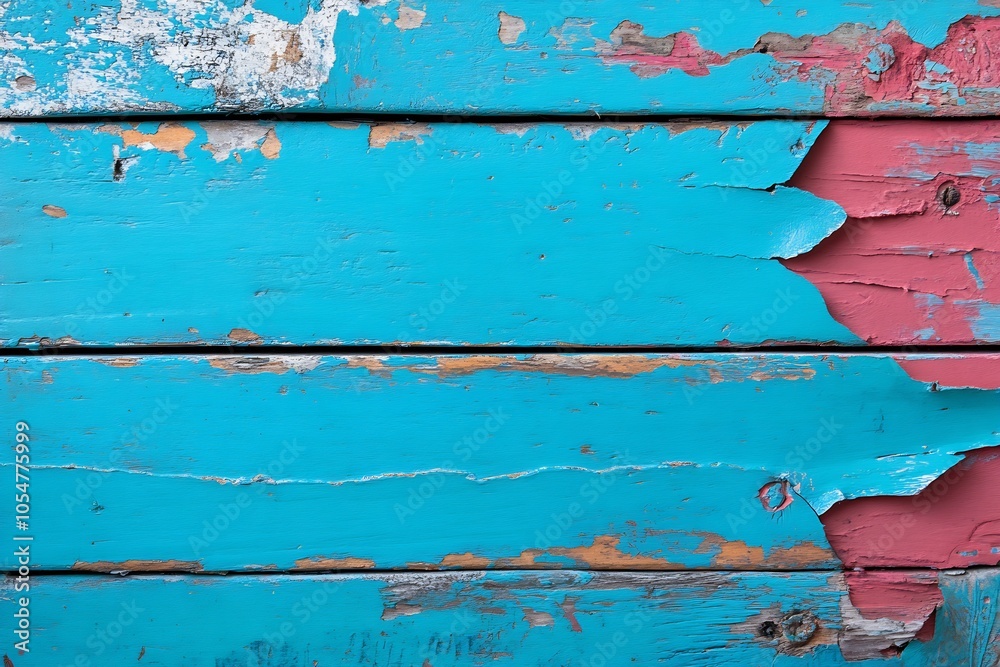 Poster rustic turquoise wood planks with peeling paint and exposed red layer : generative ai