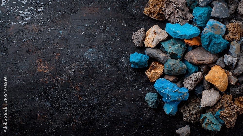Poster colorful natural rocks piled on dark textured background : generative ai