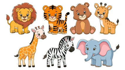 Obraz premium A colorful set of little cartoon animals. There is a lion, a tiger, a bear, a giraffe, a zebra, and an elephant