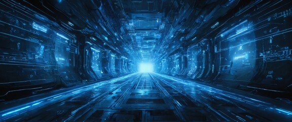 Obraz premium Futuristic Data Network Corridor with Blue Light Grid in Contemporary Interior Design of Modern Server Technology