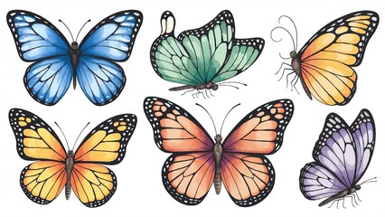 A set of watercolor illustrations of colorful butterflies