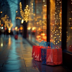 Christmas shopping bags on city street with festive lights