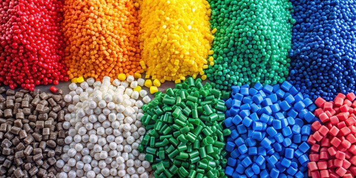 Closeup top view of colorful plastic polypropylene granules, masterbatch polymer grain , plastic, polypropylene, granules, colorful