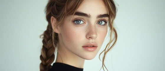 A photograph of a beautiful young woman with light brown hair in a braid, generative AI