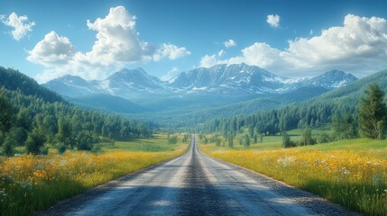 Naklejka premium Scenic road leading through vibrant meadows towards majestic mountains.