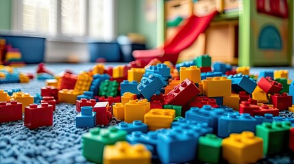 Obraz premium Colorful plastic building blocks scattered. This image is perfect for depicting childhood, creativity, and play.