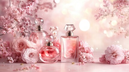 Three perfume bottles sit among pink flowers. This image is perfect for advertising beauty products, especially floral fragrances.
