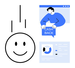 Smiling face with three vertical lines, man holding sign reading Cash Back, and data analysis chart. Ideal for cashback promotions, customer rewards, financial savings, concepts of happiness