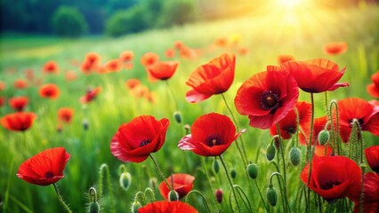 Fototapeta premium Vibrant red poppies contrasting against lush green grass, flowers, nature, vibrant, colorful, meadow, blooming, spring