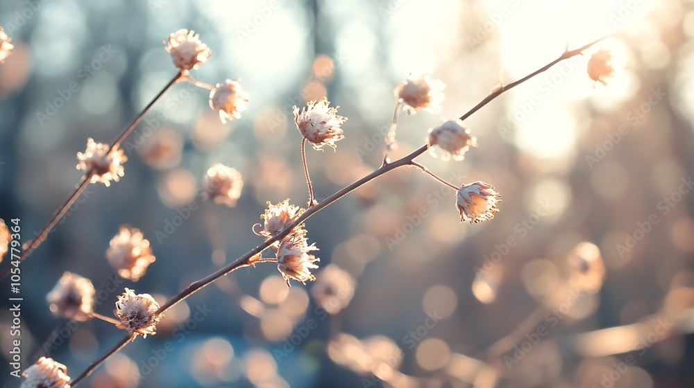 Poster serene winter branches with frosted buds in sunlit soft warm glow : generative ai