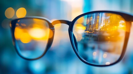 Stylish Glasses Reflecting Urban Streetlights in Blurred City Background : Generative AI