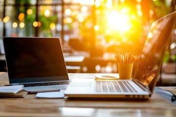 Two laptops on wooden desk with evening sun rays streaming highlighting a productive remote working scenario : Generative AI