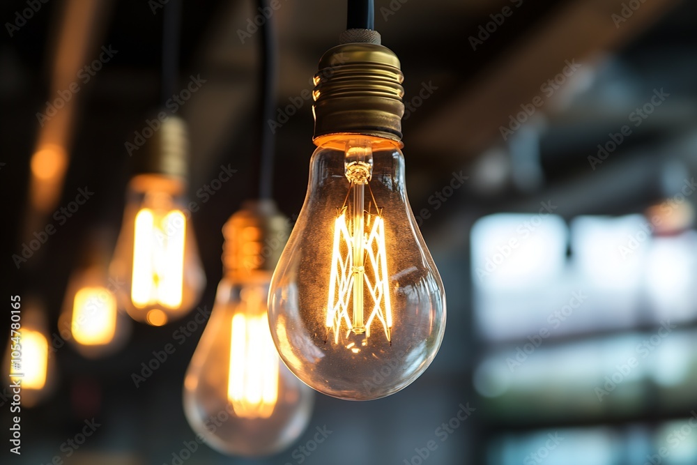 Poster close up of illuminated edison bulb with visible filament in cozy vibrant interior setting : generat