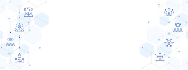 Teamwork Banner Vector Illustration with Two-sided Icon Style. Line Duotone icon. Containing creative team, idea, mediator, strategy, team, teamwork, intermediary, leadership