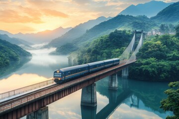 Obraz premium Train Crossing Bridge Through Misty Mountain Valley