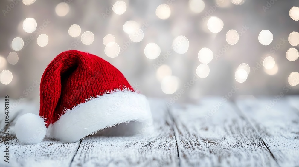 Poster Santa Hat Resting on Rustic Wooden Surface with Twinkling Fairy Lights : Generative AI