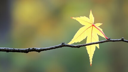 Obraz premium Solitary Golden Autumn Leaf Balancing Delicately on Bare Branch in Nature : Generative AI