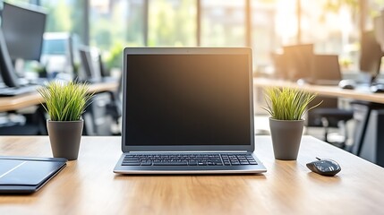 Modern Office Workspace with Laptop and Green Plants in Sunlit Environment : Generative AI
