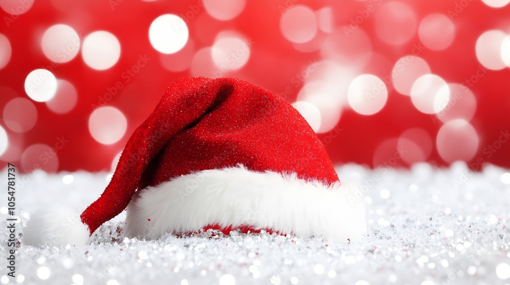 Poster Festive Red Santa Hat on Glowing Snowy Background With Bokeh Lights : Generative AI