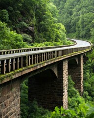 Fototapeta premium Scenic view of a winding road alongside lush greenery and a sturdy bridge.