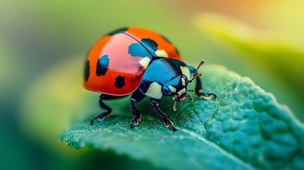 Fototapeta premium Ladybug on Green Leaf Macro Shot Displaying Insect Detail and Natural Environment : Generative AI