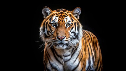 Fototapeta premium Tiger standing in front of a black background, Tiger, wildlife, fierce, predator, stripes, big cat, feline, powerful