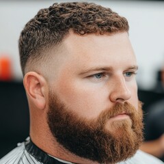 Fototapeta premium A man with a stylish haircut and a full beard in a barbershop setting.