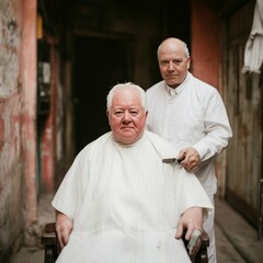 A barber prepares to cut the hair of a seated customer in a rustic setting.