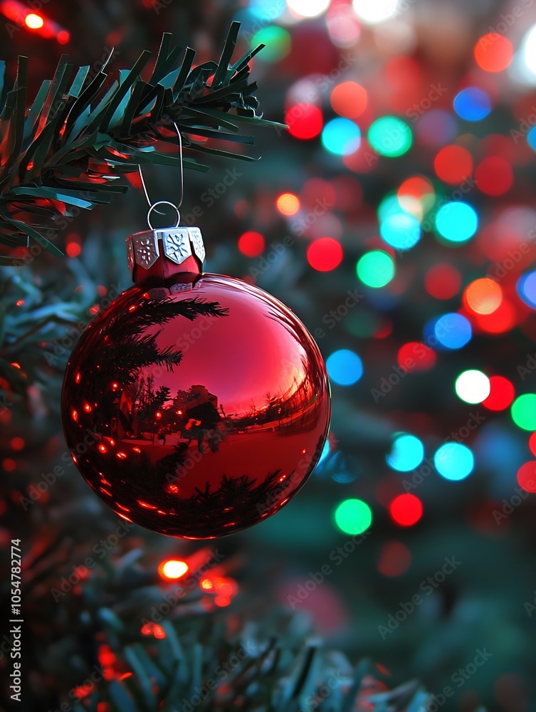 Aufkleber vibrant red ornament on christmas tree with colorful festive lights in the background : generative a