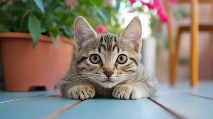 Adorable Tabby Kitten with Curious Eyes on a Sunny Patio with Plant Background : Generative AI