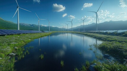 Scenic landscape featuring wind turbines and solar panels by a lake.