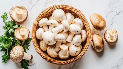 Fototapeta premium various mushrooms arranged in a flat lay on a neutral background, symbolizing nature's diversity, health, and renewal. Each variety highlights unique textures and earthy tones
