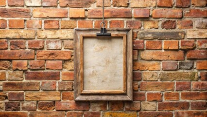 Close-up of hanged empty frame with clip against weathered brick wall, frame, blank, hanged, clip, grey