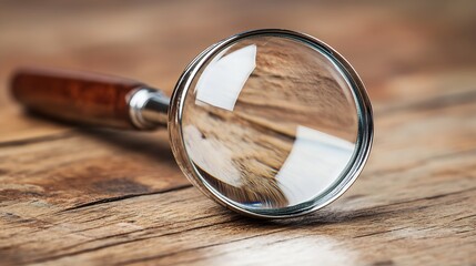Vintage Magnifying Glass on Rustic Wooden Table for Close Inspection : Generative AI