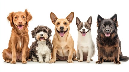 Group Portrait of Five Different Dog Breeds Sitting Together on White Background : Generative AI