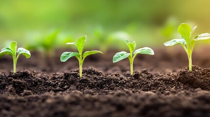 Fototapeta premium Young seedlings sprouting in rich soil under vibrant sunlight symbolizing growth and sustainability : Generative AI