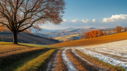 Naklejka premium A serene landscape featuring rolling hills, a dirt path, and a solitary tree with autumn leaves against a backdrop of fields and distant mountains