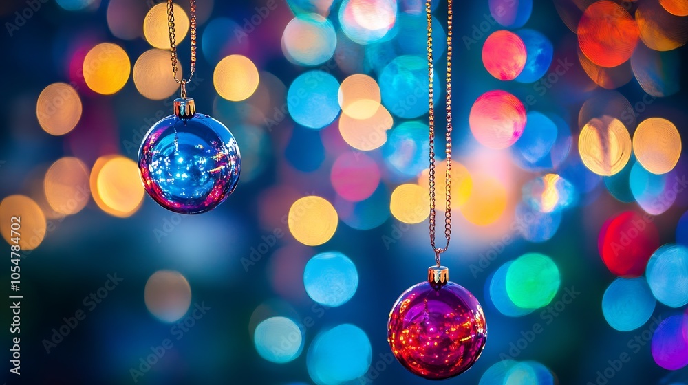 Aufkleber vibrant multicolored bokeh with hanging ornaments for festive holiday designs : generative ai