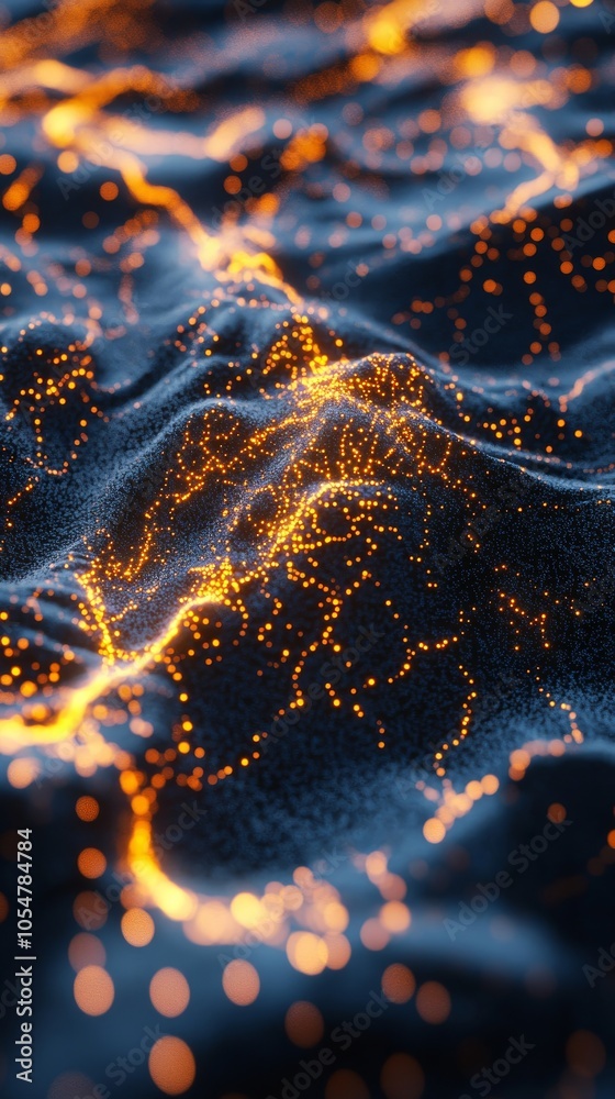 Poster digital landscape with illuminated particles on dark waves