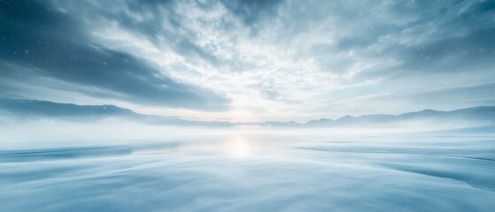 A serene landscape showcasing an icy expanse under a cloudy sky, reflecting soft light and evoking tranquility in a wintry atmosphere